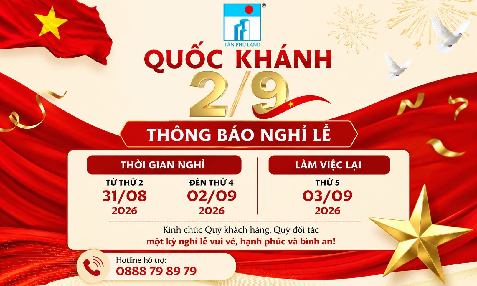 Tân Phú Land thông báo lịch nghỉ lễ Quốc khánh 2/9/2026
